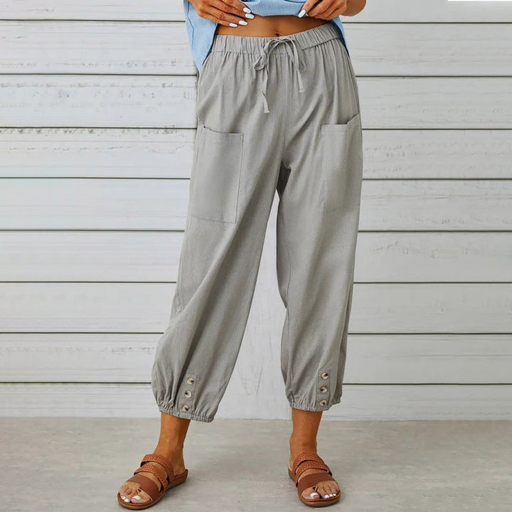Women's Lightweight Cropped Drawstring Pants with Button Hem