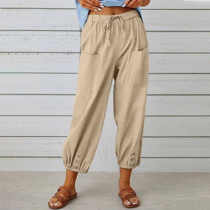 Women's Lightweight Cropped Drawstring Pants with Button Hem