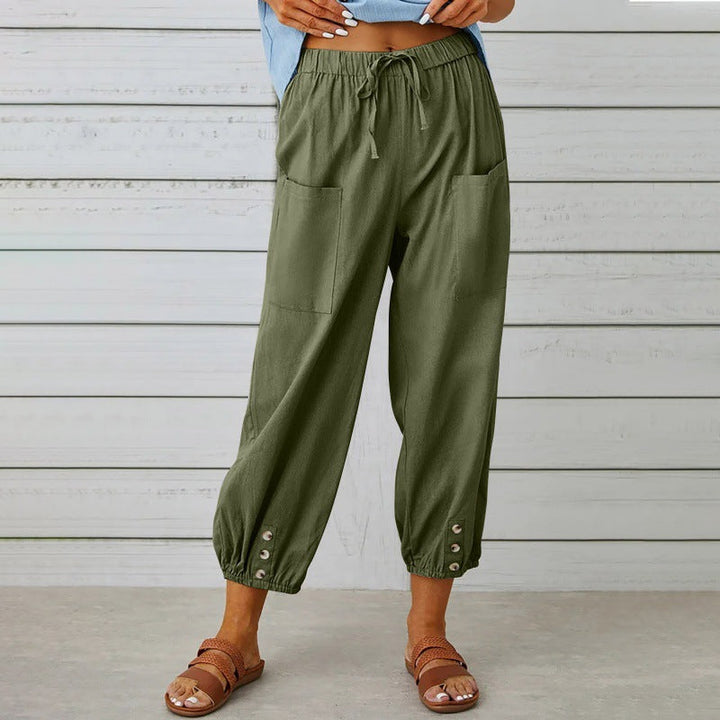 Women's Lightweight Cropped Drawstring Pants with Button Hem
