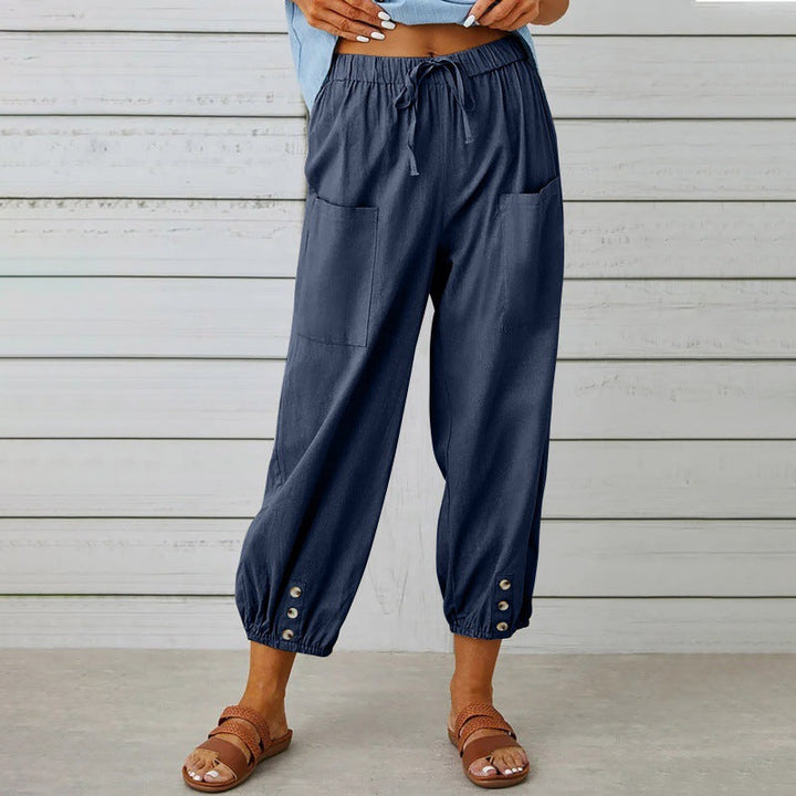 Women's Lightweight Cropped Drawstring Pants with Button Hem