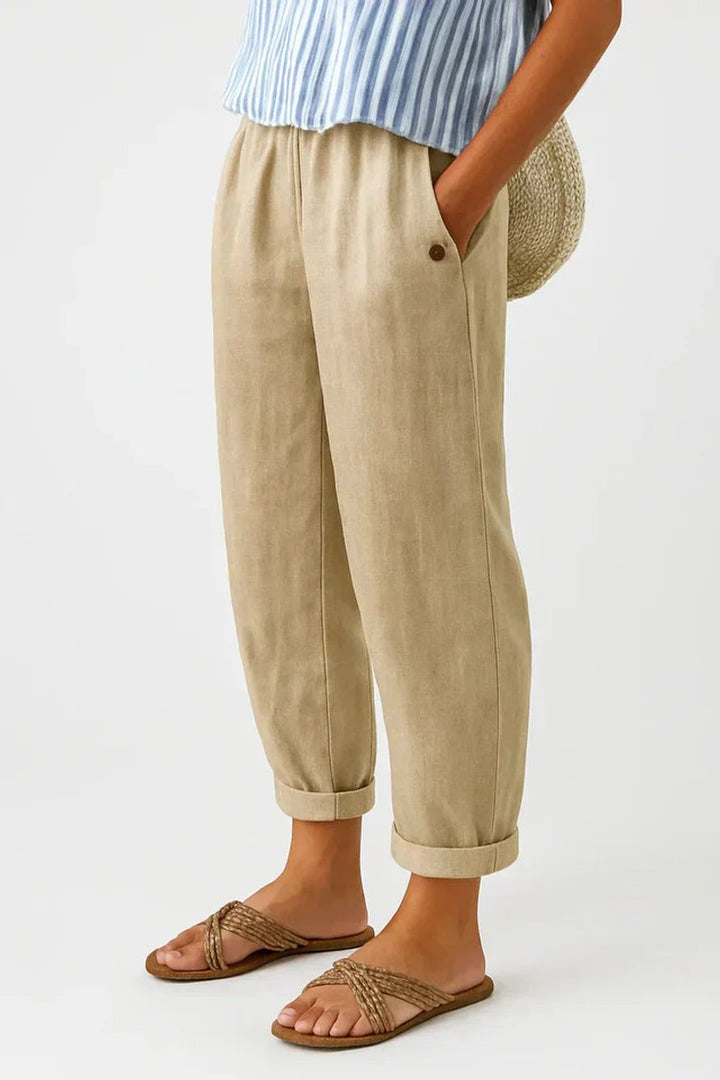 Women's Linen-Look Relaxed Cuffed Pants with Elastic Waist