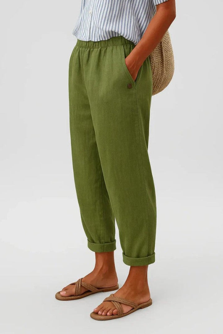 Women's Linen-Look Relaxed Cuffed Pants with Elastic Waist