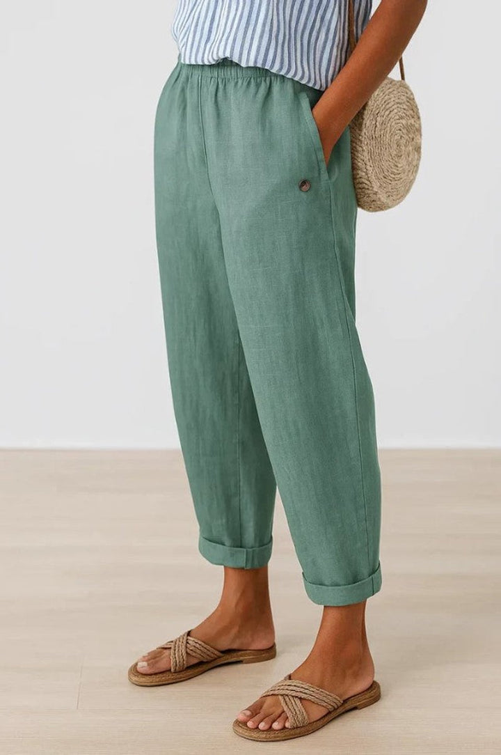 Women's Linen-Look Relaxed Cuffed Pants with Elastic Waist