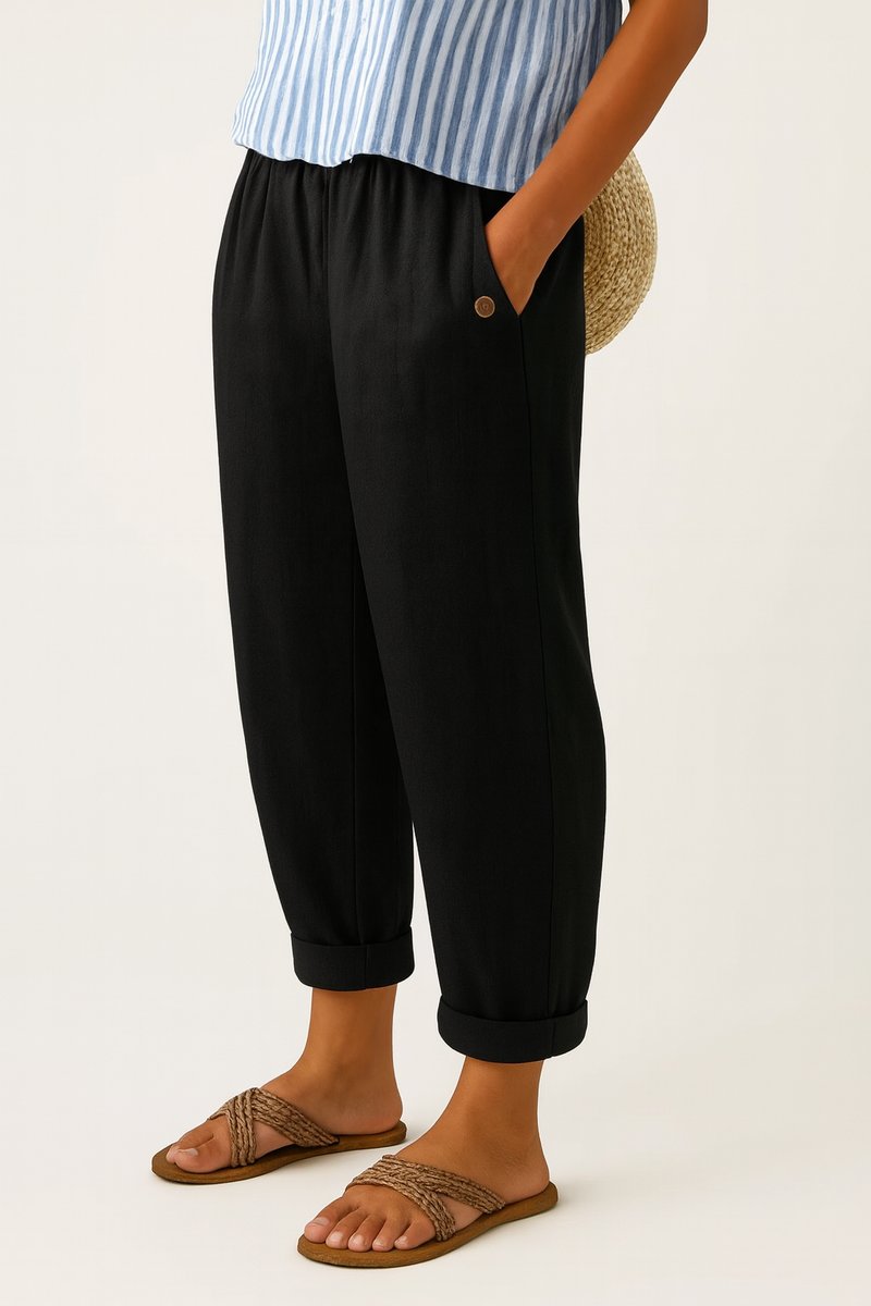 Women's Linen-Look Relaxed Cuffed Pants with Elastic Waist