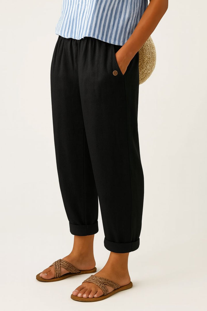 Women's Linen-Look Relaxed Cuffed Pants with Elastic Waist