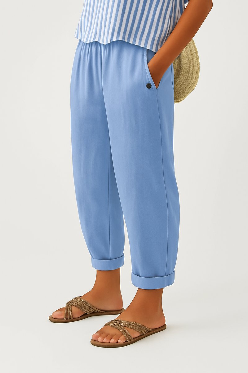Women's Linen-Look Relaxed Cuffed Pants with Elastic Waist