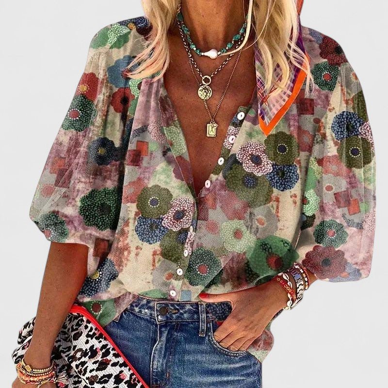 Women's Summer Floral Deep V-Neck Button Blouse in Green