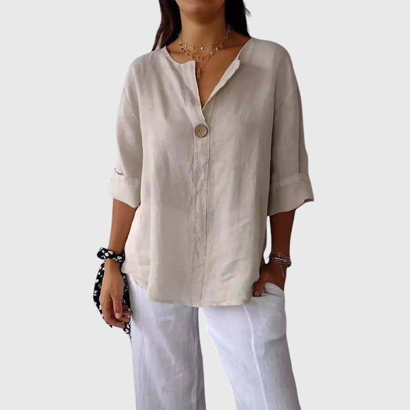 Women's Linen-Look Single Button V-Neck Blouse