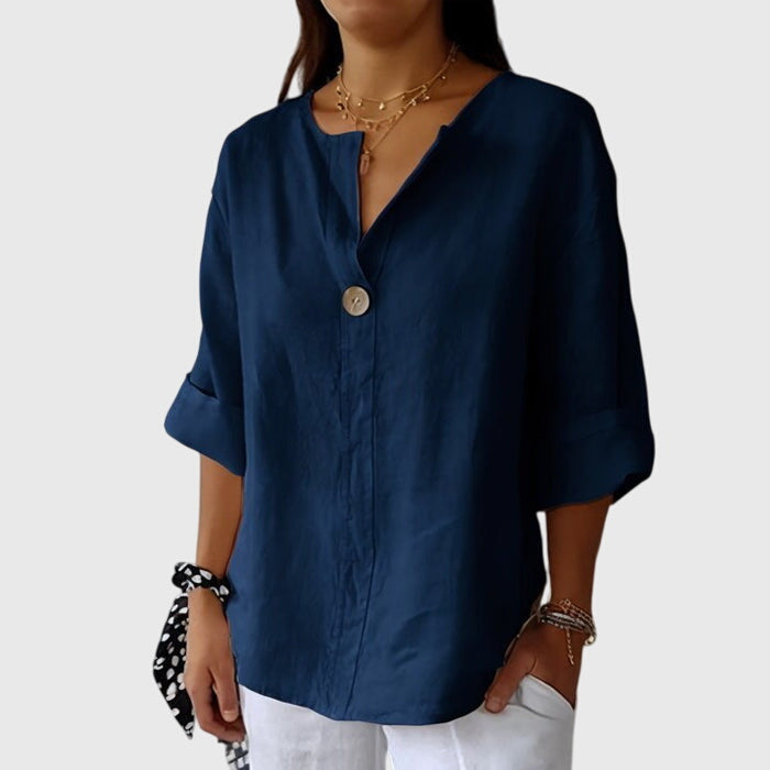 Women's Linen-Look Single Button V-Neck Blouse