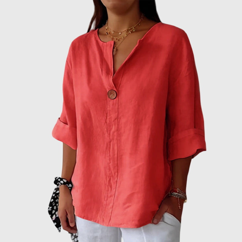 Women's Linen-Look Single Button V-Neck Blouse