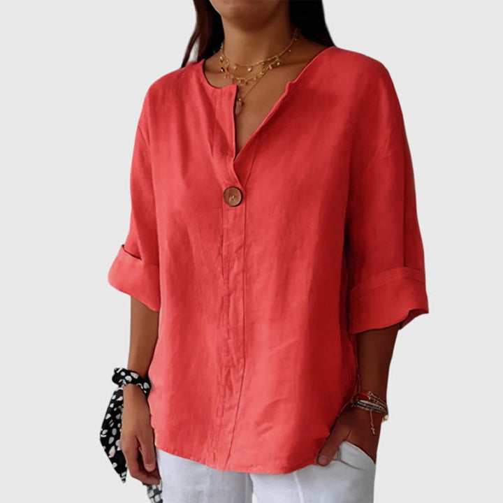 Women's Linen-Look Single Button V-Neck Blouse