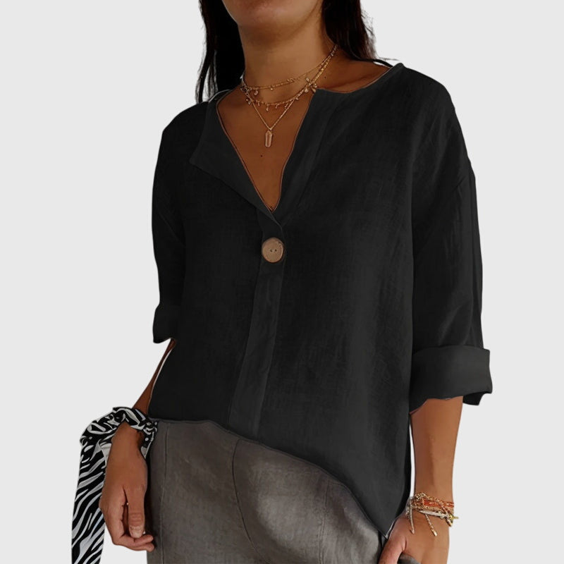 Women's Linen-Look Single Button V-Neck Blouse