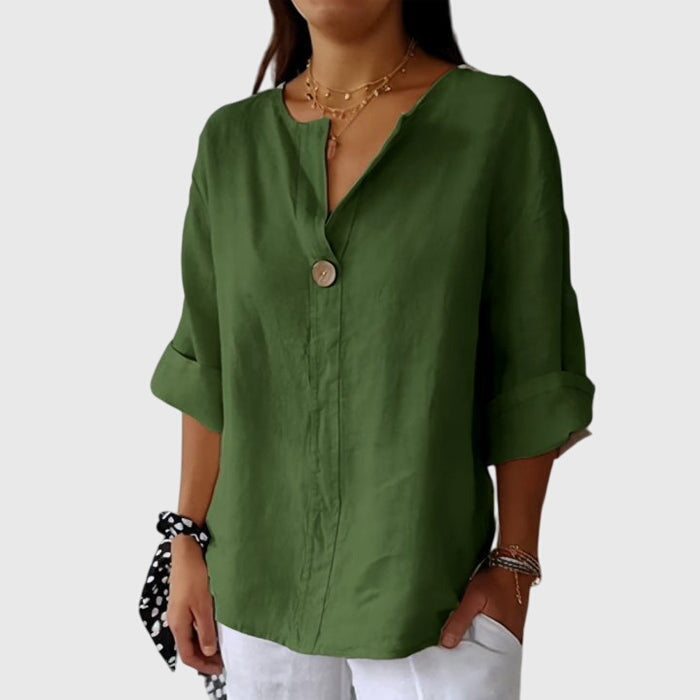Women's Linen-Look Single Button V-Neck Blouse