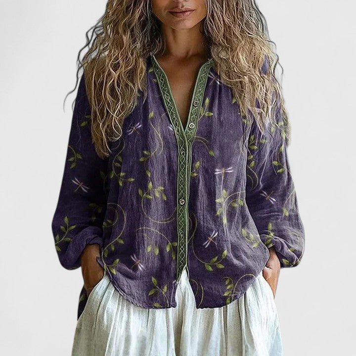 Women's Lightweight Retro Leaf Print Button-Front Blouse