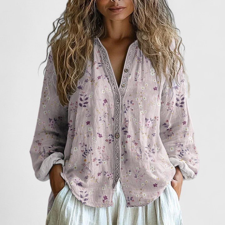 Women's Lightweight Retro Leaf Print Button-Front Blouse