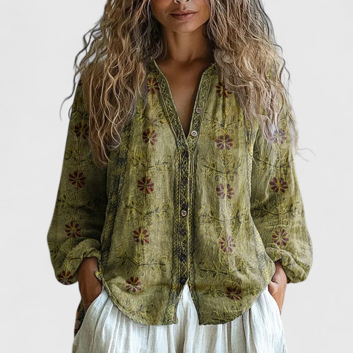 Women's Lightweight Retro Leaf Print Button-Front Blouse