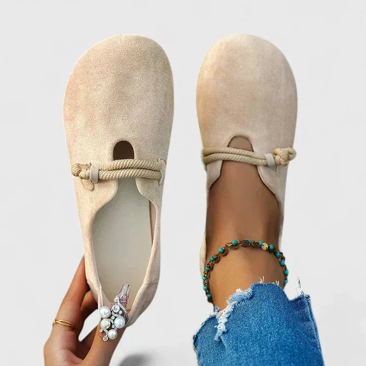 Women's Lightweight Suede-Look Round Toe Flats with Cord Strap