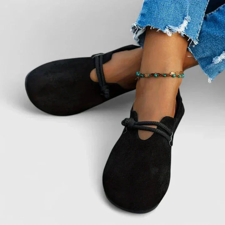 Women's Lightweight Suede-Look Round Toe Flats with Cord Strap