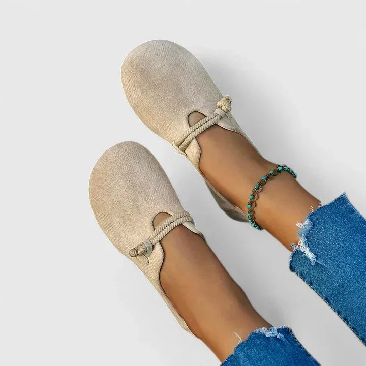 Women's Lightweight Suede-Look Round Toe Flats with Cord Strap