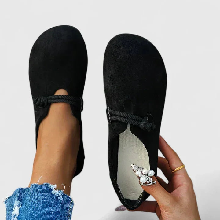 Women's Lightweight Suede-Look Round Toe Flats with Cord Strap