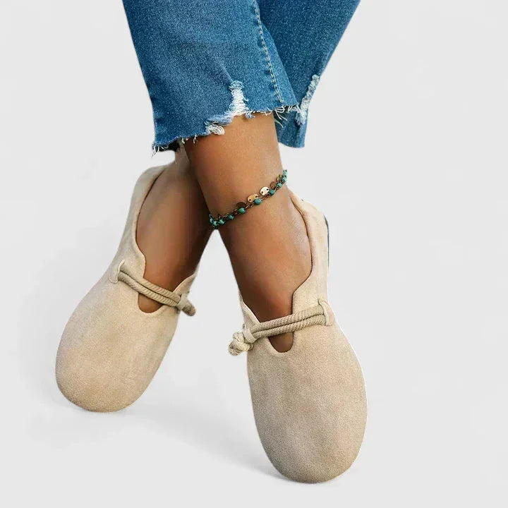 Women's Lightweight Suede-Look Round Toe Flats with Cord Strap
