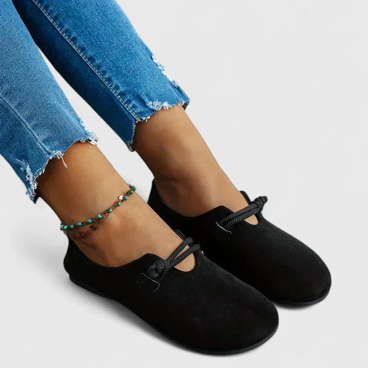 Women's Lightweight Suede-Look Round Toe Flats with Cord Strap