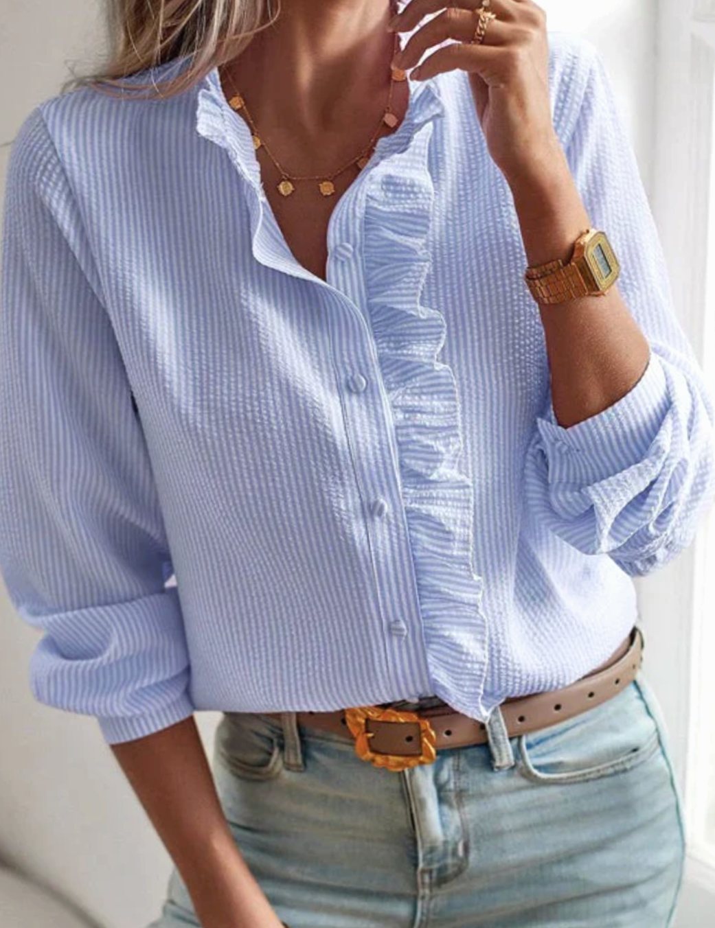 Women's Lightweight Textured Ruffle Front Button-Up Blouse
