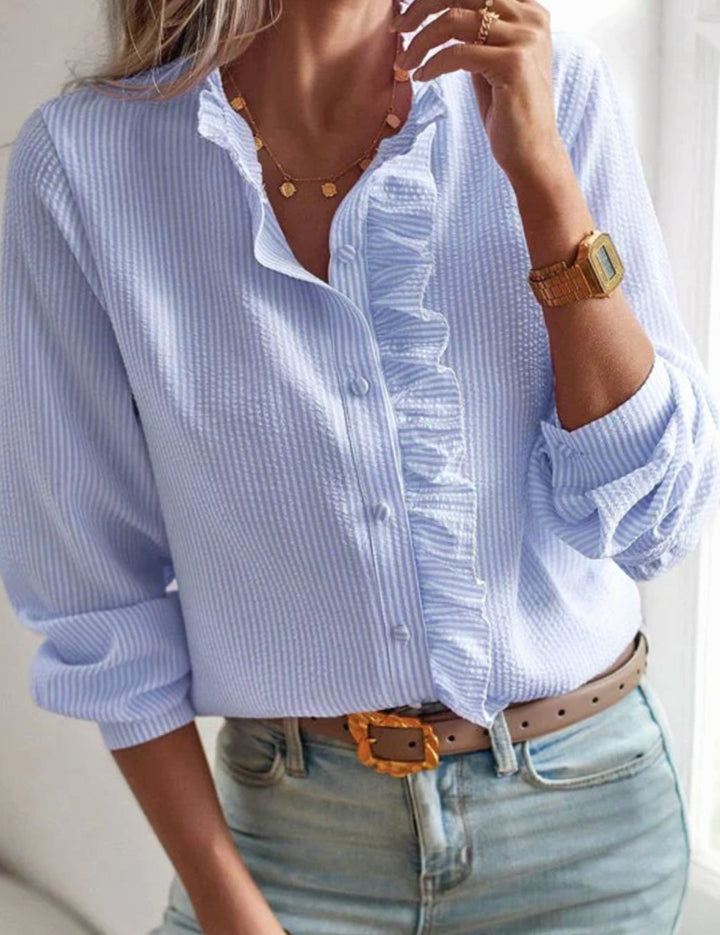 Women's Lightweight Textured Ruffle Front Button-Up Blouse