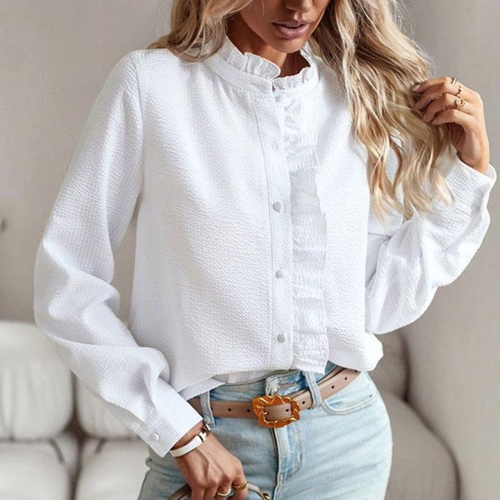 Women's Lightweight Textured Ruffle Front Button-Up Blouse