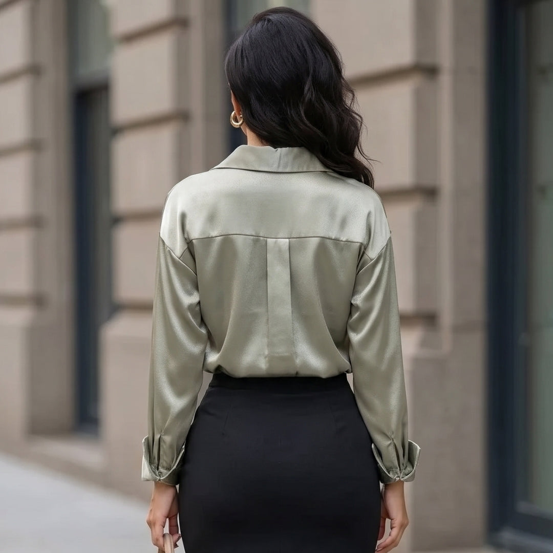 Women's Shimmer Satin Tailored Long Sleeve Shirt Blouse