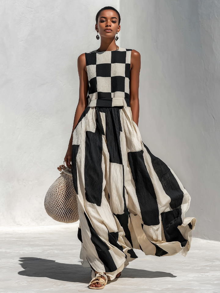 Women's Checkerboard Holiday Maxi Dress in Black and Cream