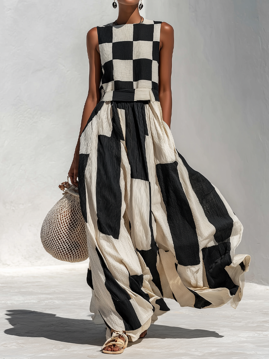 Women's Checkerboard Holiday Maxi Dress in Black and Cream