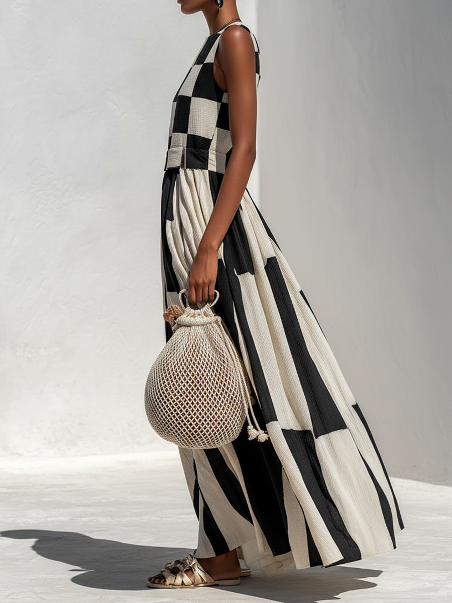 Women's Checkerboard Holiday Maxi Dress in Black and Cream