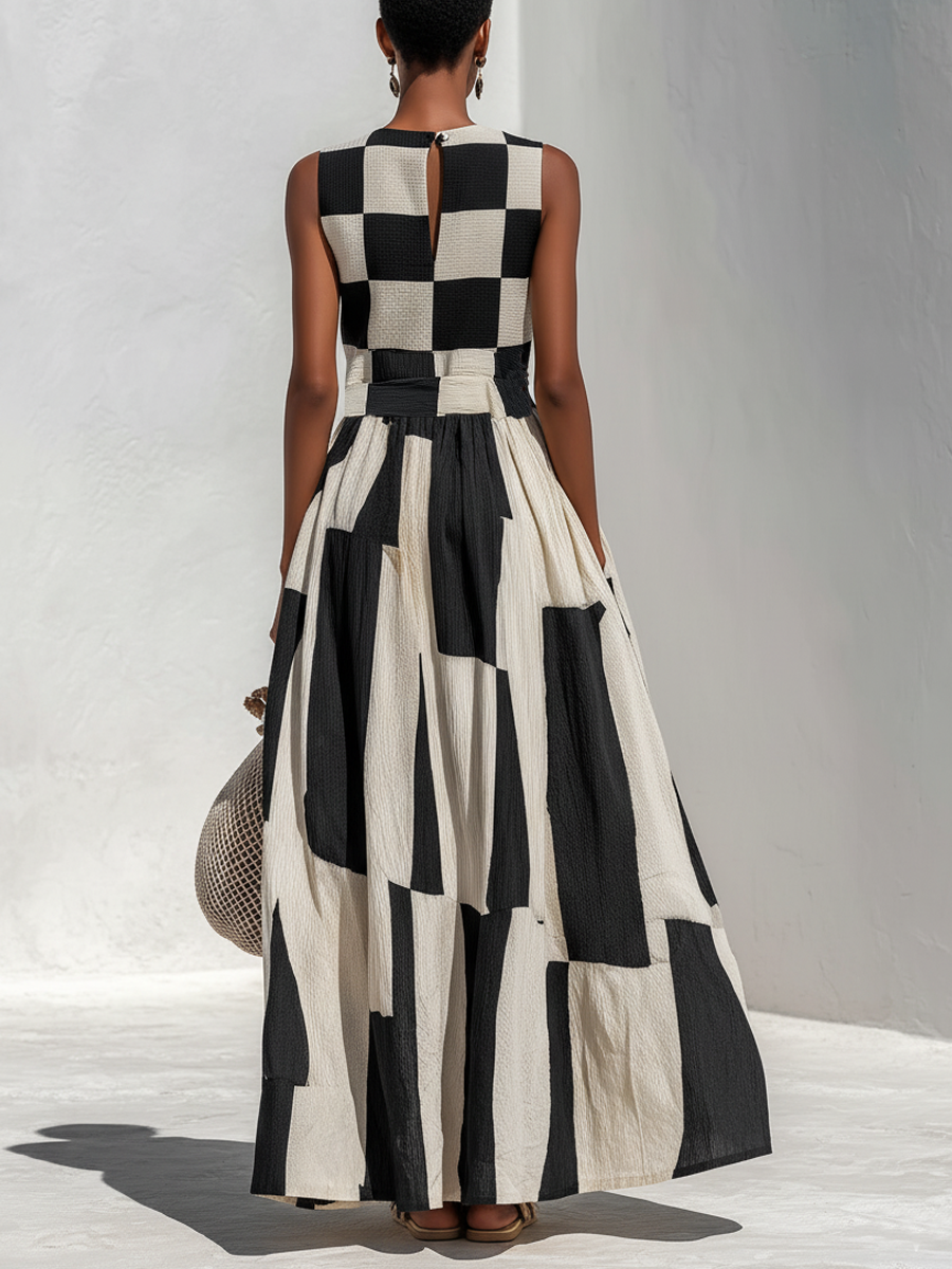 Women's Checkerboard Holiday Maxi Dress in Black and Cream