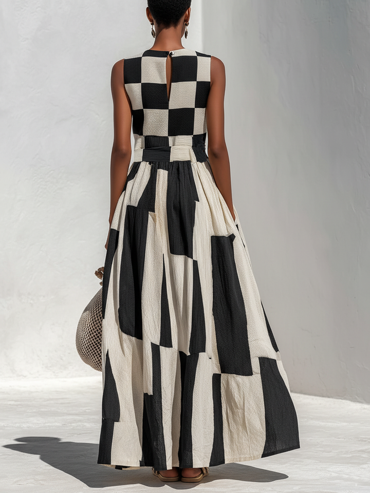 Women's Checkerboard Holiday Maxi Dress in Black and Cream