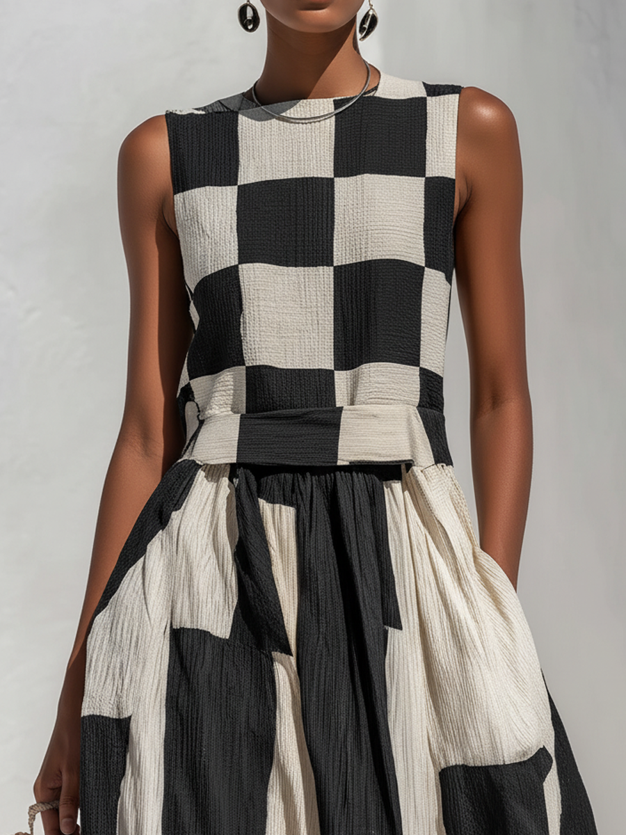 Women's Checkerboard Holiday Maxi Dress in Black and Cream