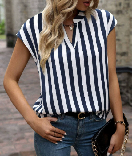 Women's Summer Striped Sleeveless Notch Neck Blouse in Blue