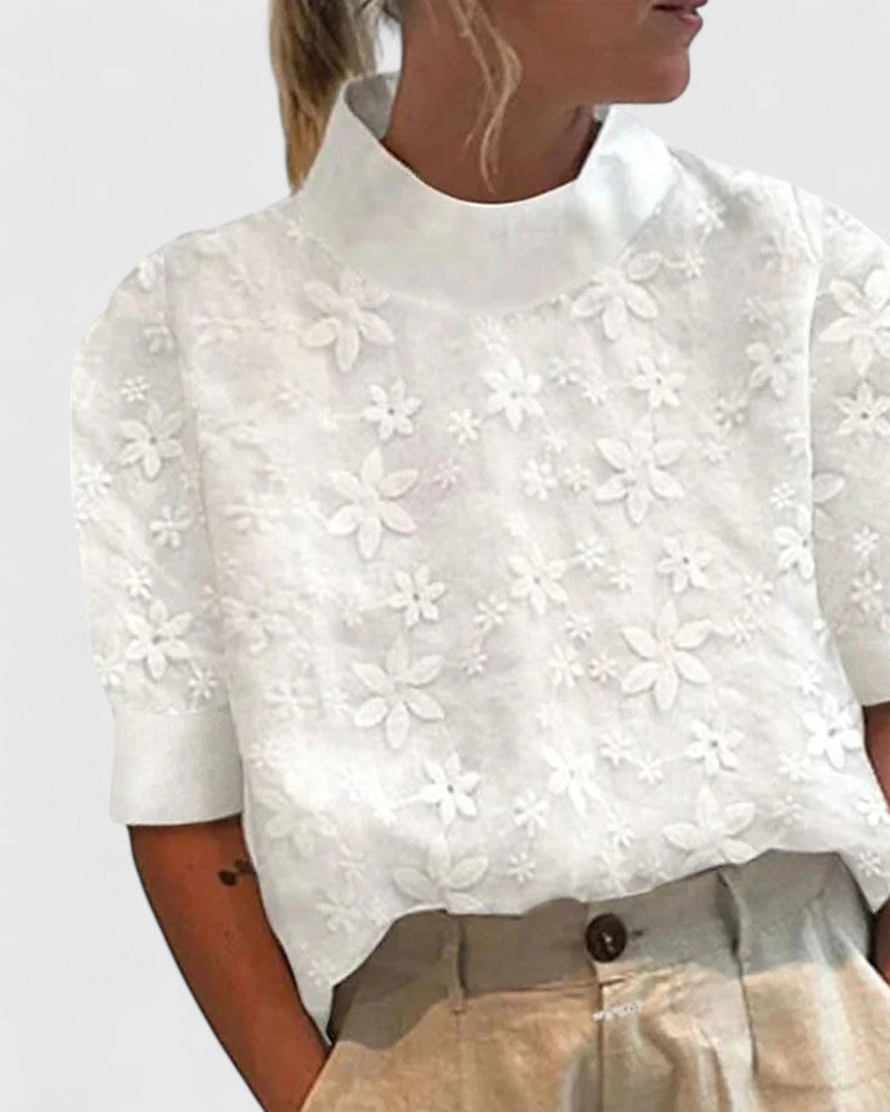 Women's Summer Floral Embroidered Stand Collar Blouse in White