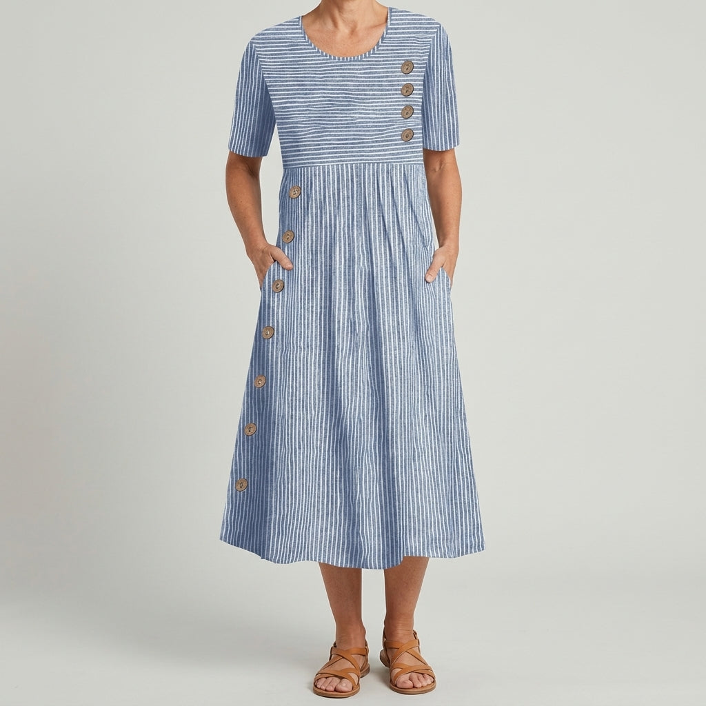 Women's Linen-Look Striped Midi Dress with Pockets in Blue