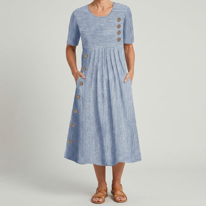 Women's Linen-Look Striped Midi Dress with Pockets in Blue