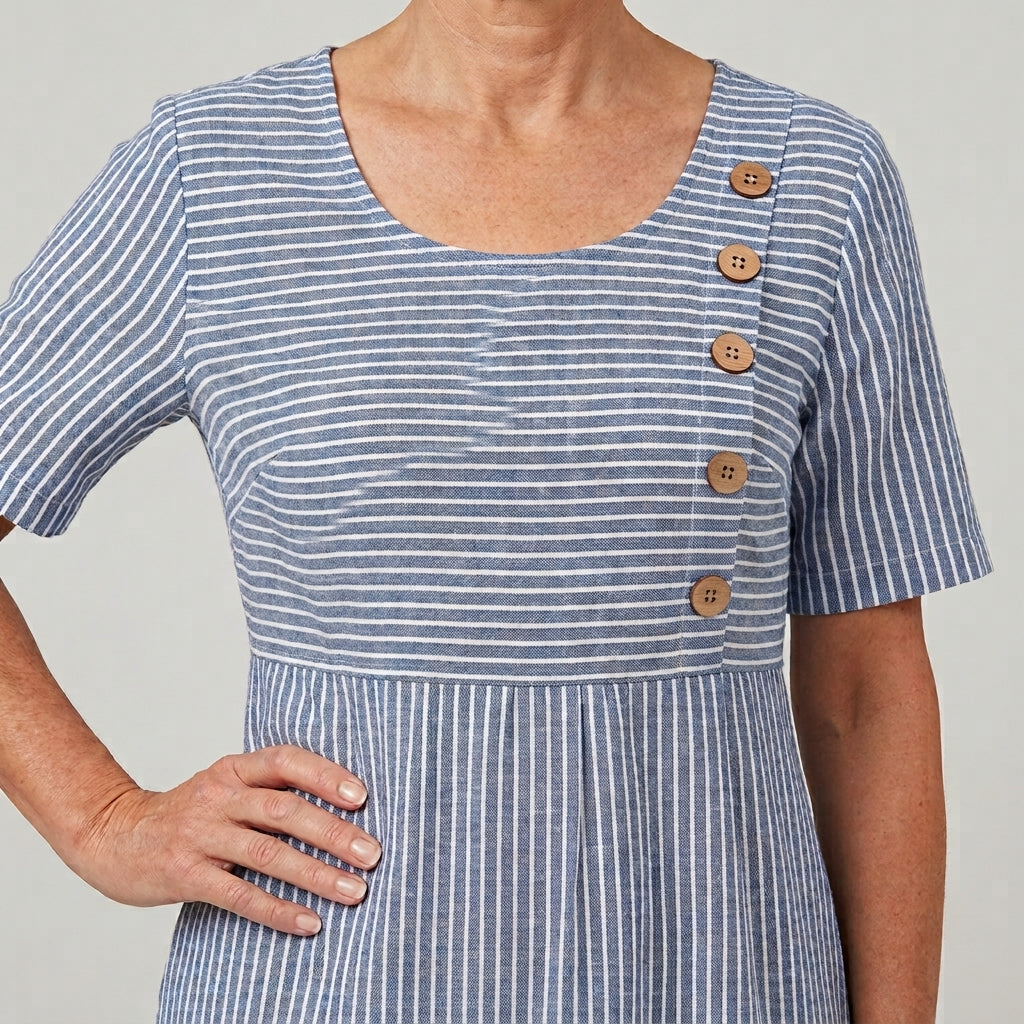 Women's Linen-Look Striped Midi Dress with Pockets in Blue