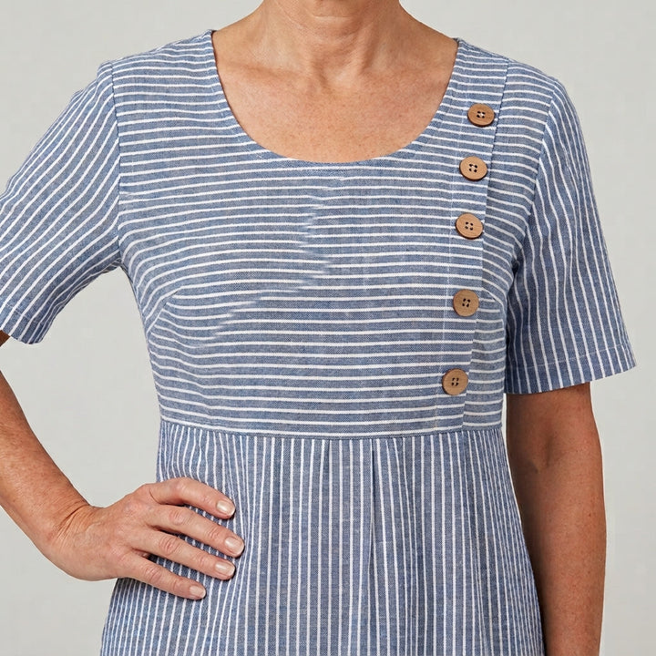 Women's Linen-Look Striped Midi Dress with Pockets in Blue