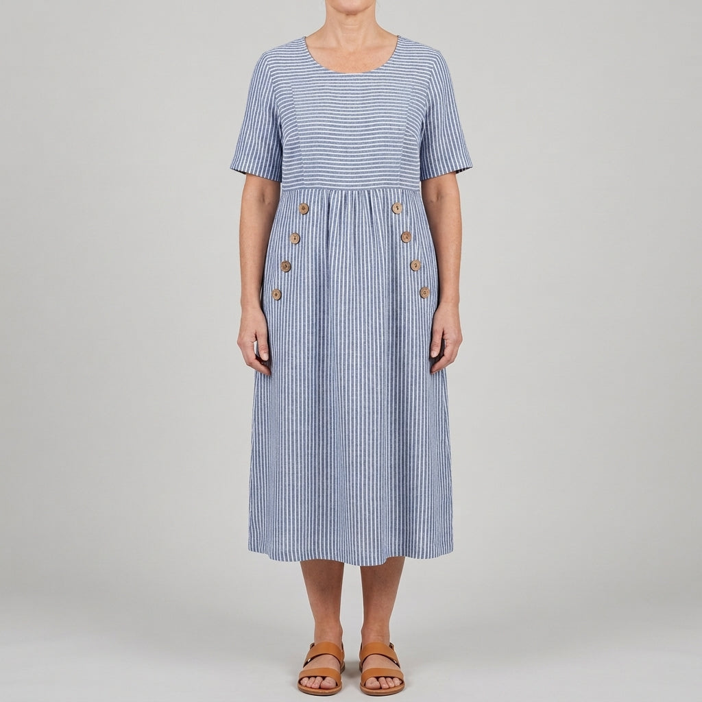 Women's Linen-Look Striped Midi Dress with Pockets in Blue