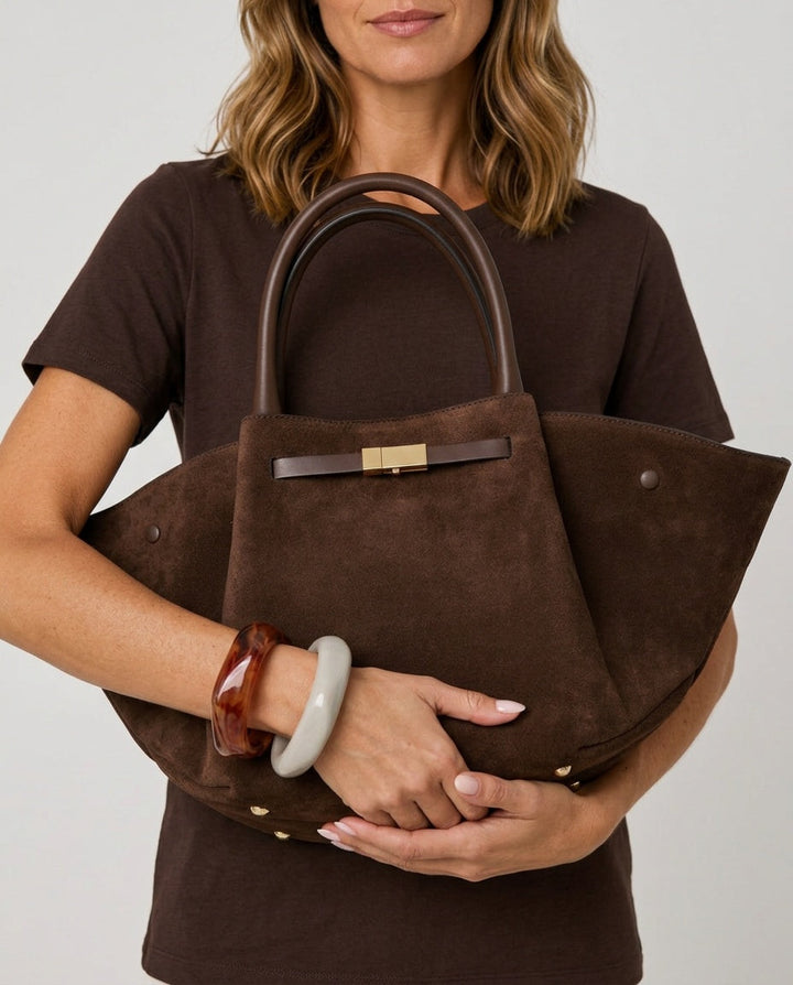 Women's Suede-Look Winged Tote Bag with Gold-Tone Bar