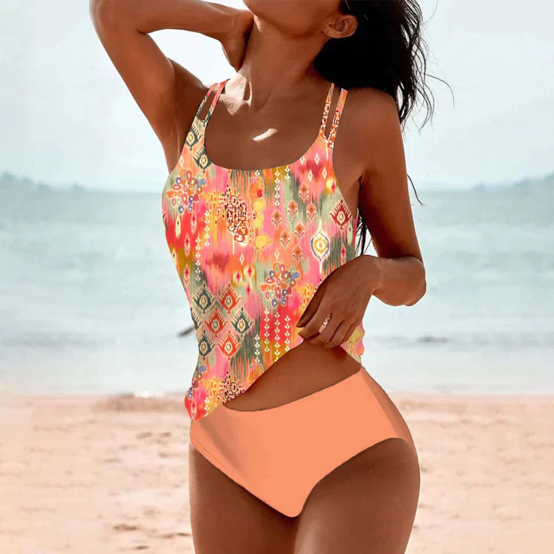 Women's Boho Mandala Print Tankini with Solid Bottoms