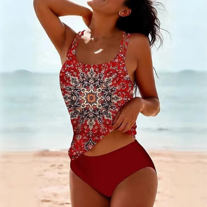 Women's Boho Mandala Print Tankini with Solid Bottoms