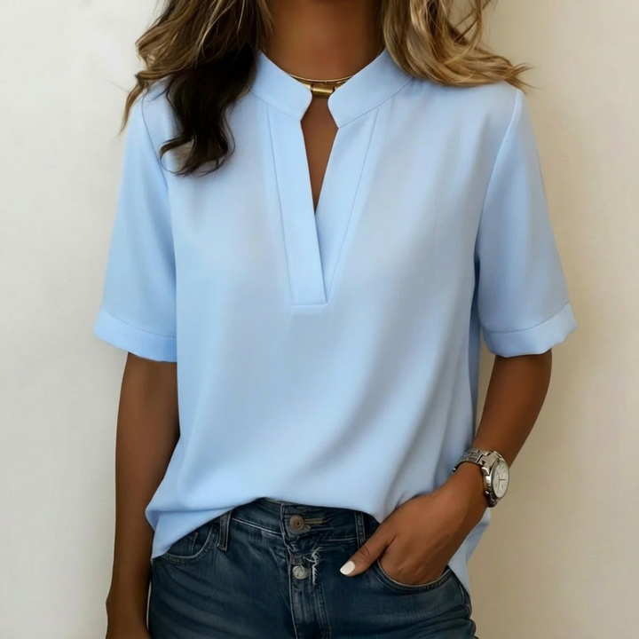 Women's Summer Notch V-Neck Cuffed Short Sleeve Blouse