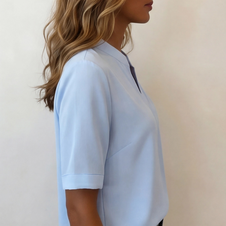 Women's Summer Notch V-Neck Cuffed Short Sleeve Blouse