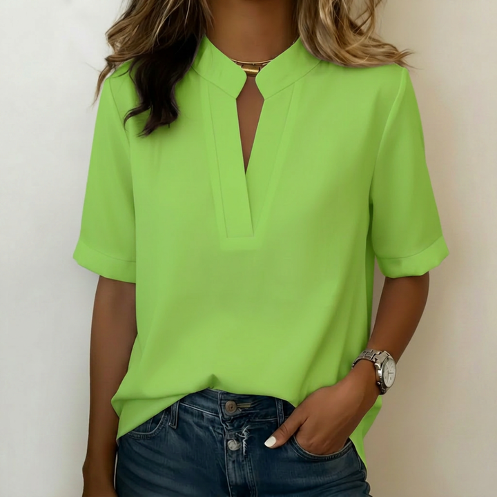 Women's Summer Notch V-Neck Cuffed Short Sleeve Blouse