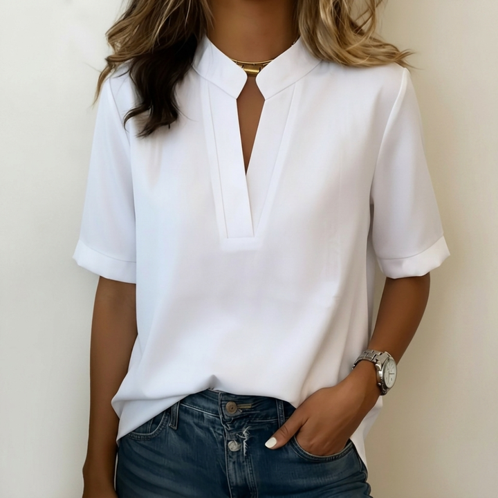 Women's Summer Notch V-Neck Cuffed Short Sleeve Blouse